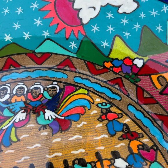 Beautiful 16” Mexican Folk Art Plate Pottery Wall Hanging Colorful Teracotta - Picture 9 of 16